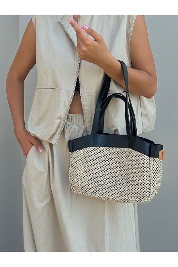 A Quality Imported Straw Puppy Bag Black Women's Handbag