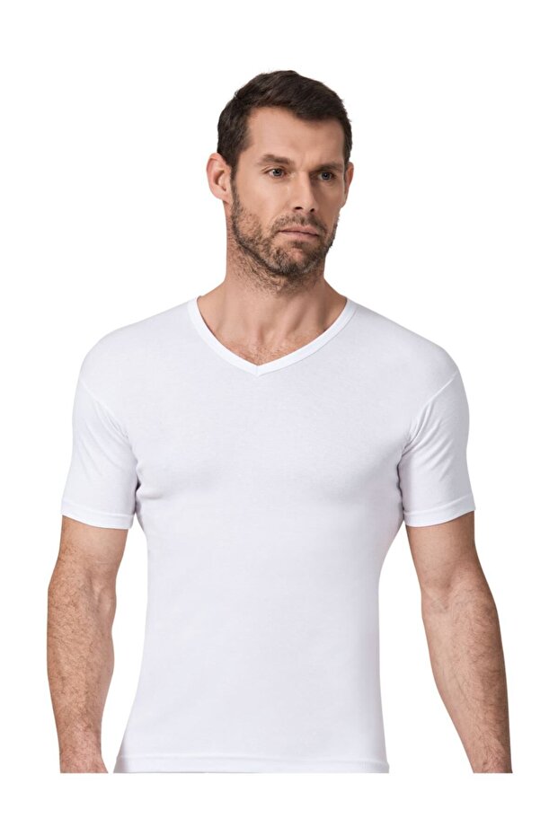 6 Pairs White Color Namaldi Ribbed V-Neck Half Sleeve Undershirt