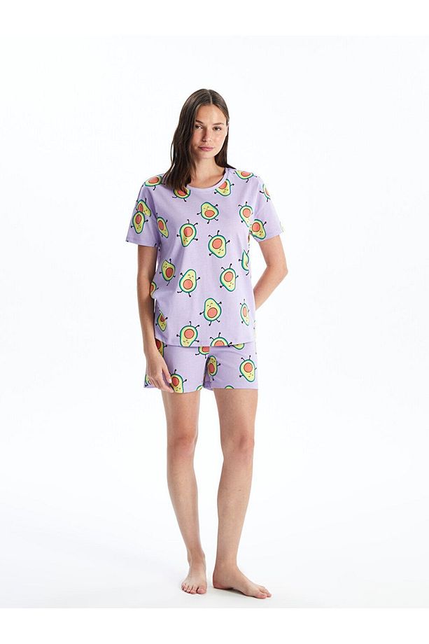 Bisiklet Yaka Desenli Kısa Kollu Kadın Şortlu Pijama Takımı - 3