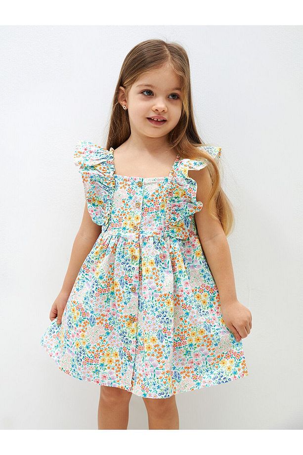 Kare Yaka Desenli Kız Bebek Elbise - 3