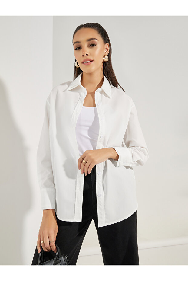 Solid Woven Double Collar Oversized Shirt - 1