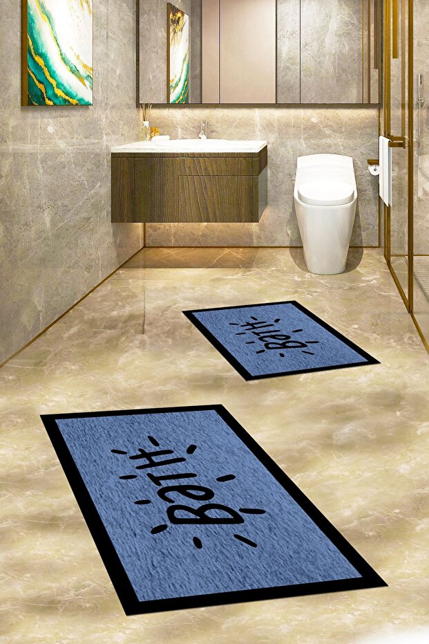Printed Washable Non-Slip Framed Bath Mat with Writing, Double Bathroom Rug, Toilet Seat Set