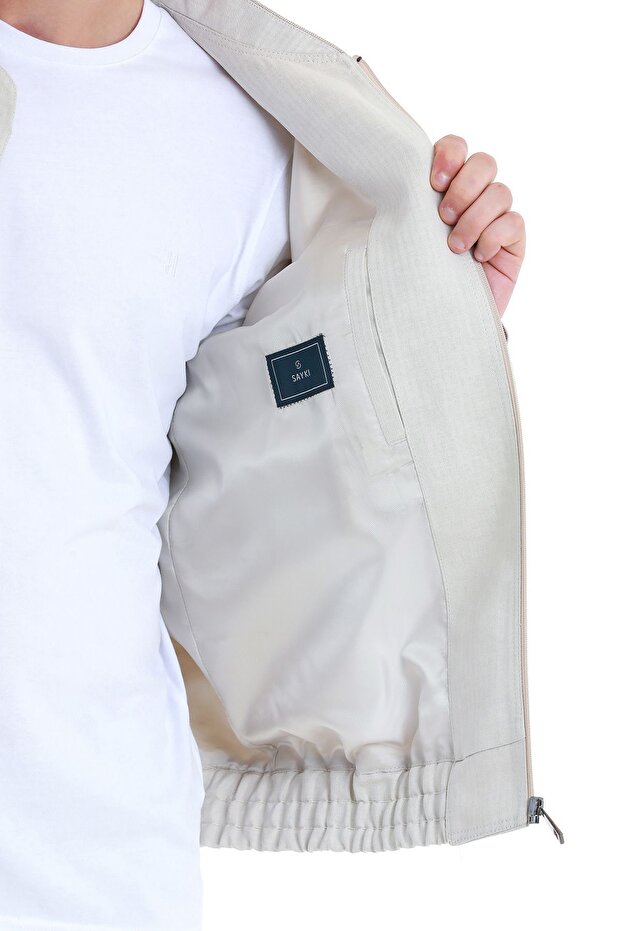 Bej Slim Fit Çizgili Dik Yaka Basic Mevsimlik Mont - 5