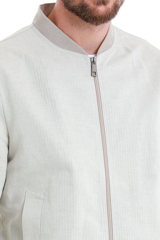 Bej Slim Fit Çizgili Dik Yaka Basic Mevsimlik Mont - 6