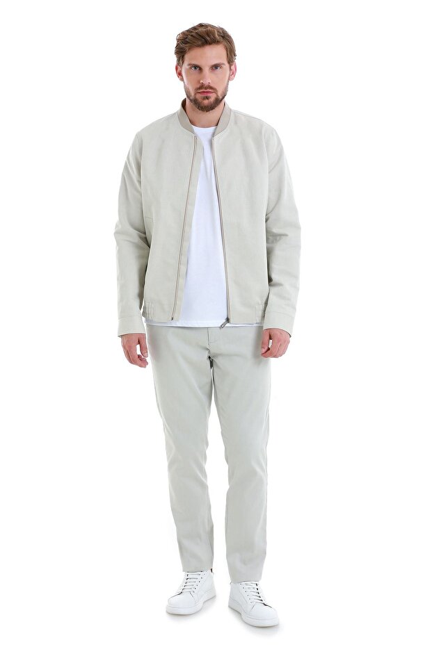 Bej Slim Fit Çizgili Dik Yaka Basic Mevsimlik Mont - 2