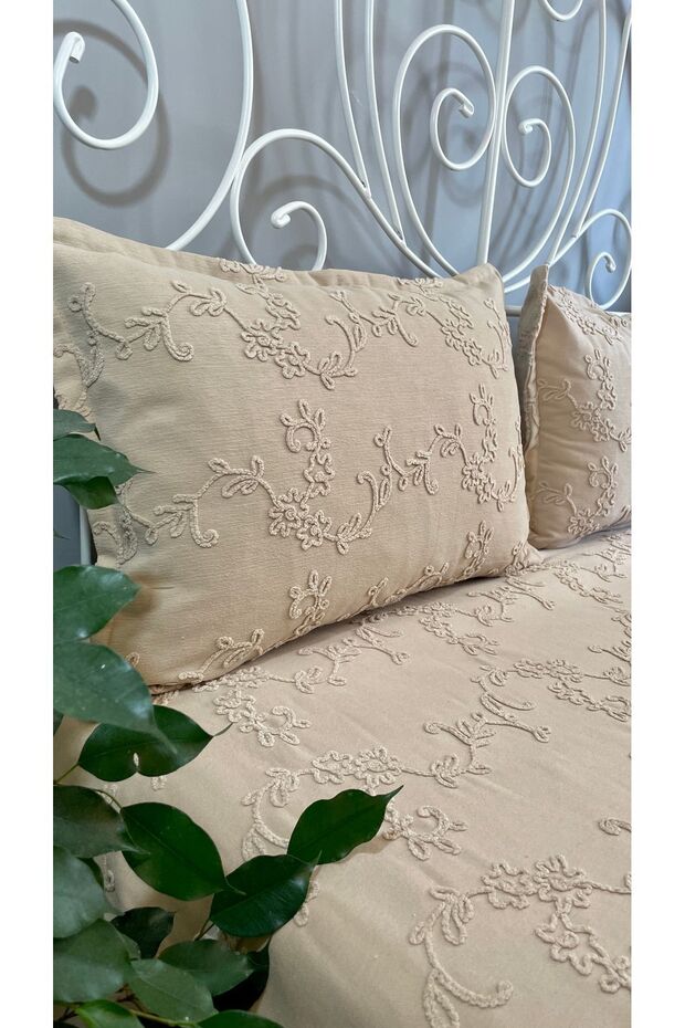 Embroidered Beige Bedspread Set Pique Set Detailed Multi-Purpose Cover