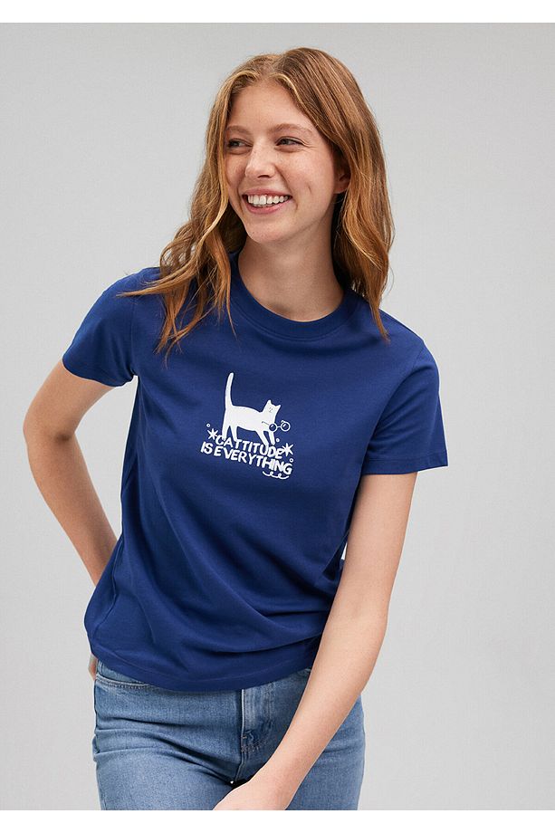 Kedi Baskılı Lacivert Tişört Slim Fit / Dar Kesim 1612202-70722 - 1