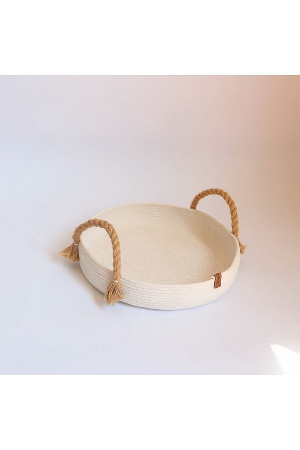 Ekru Hasır Saplı Sepet / Dekoratif Objeler Için Elegan Şıklık / Masa Dekorasyonu / El Emeği Tepsi - 3
