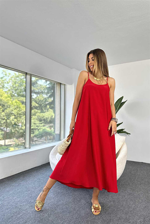 Aerobin Fabric Adjustable Strap Long Red Dress
