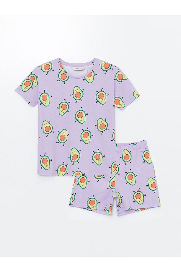 Bisiklet Yaka Desenli Kısa Kollu Kadın Şortlu Pijama Takımı - 6
