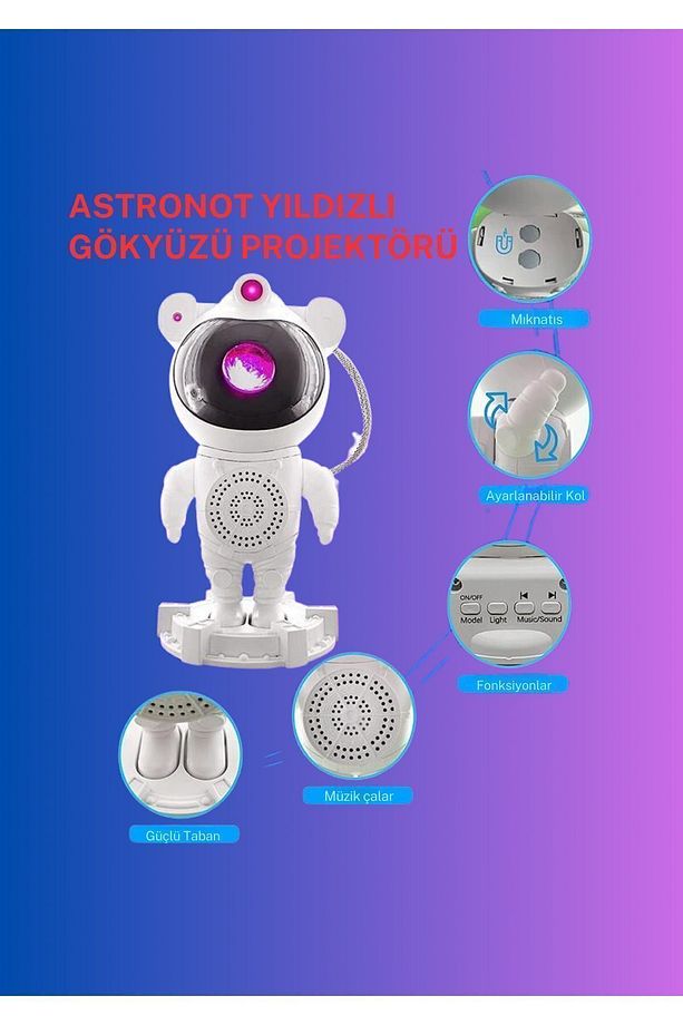 Astronot Robot Tasarım Bluetooth Hoparlörlü Gökyüzü Gece Lambası Projektör Zamanlama Kumandalı - 2