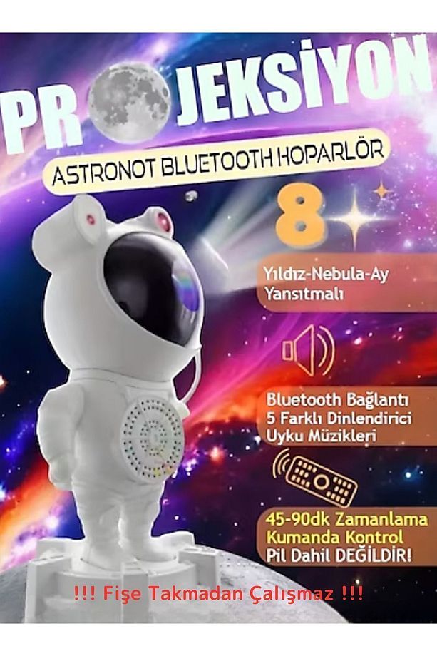 Astronot Robot Tasarım Bluetooth Hoparlörlü Gökyüzü Gece Lambası Projektör Zamanlama Kumandalı - 1