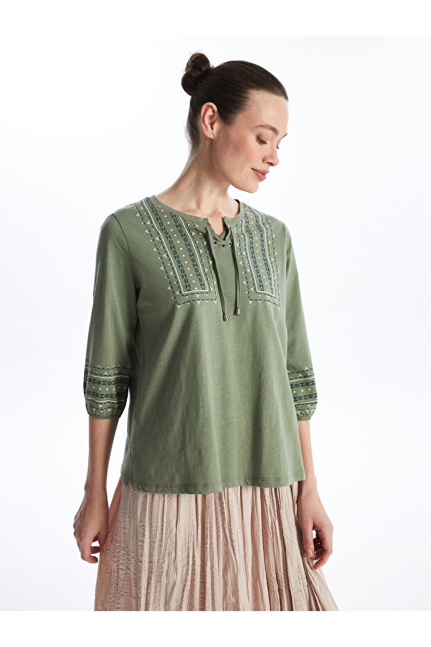 Tie Collar Patterned Women's Blouse