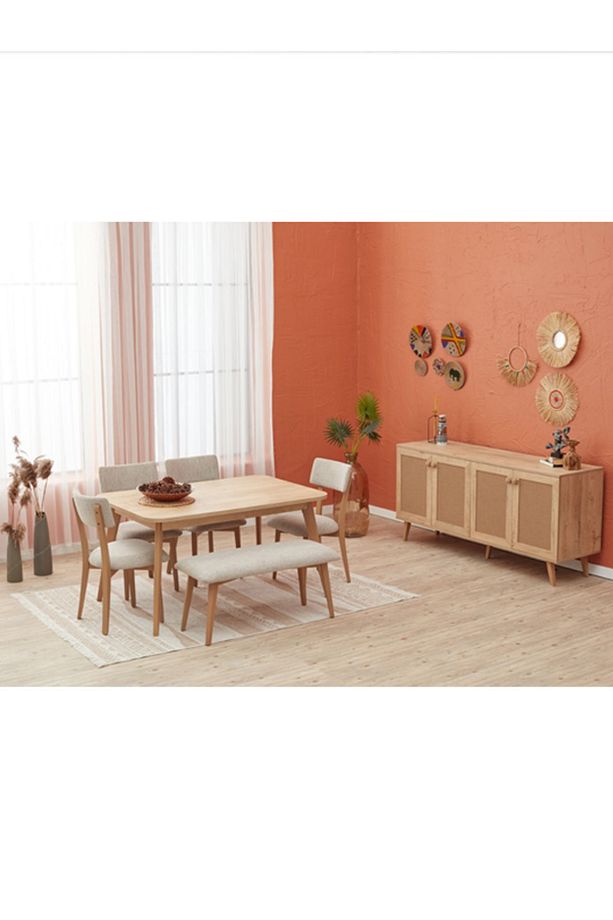 Bohem Yemek Odası Takımı 4 Sandalye 1 Bench Meşe Görünümlü Ve Ahşap Ayaklı - 2