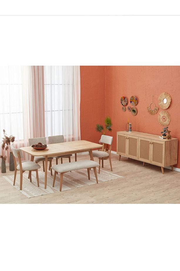 Bohem Yemek Odası Takımı 4 Sandalye 1 Bench Meşe Görünümlü Ve Ahşap Ayaklı - 1