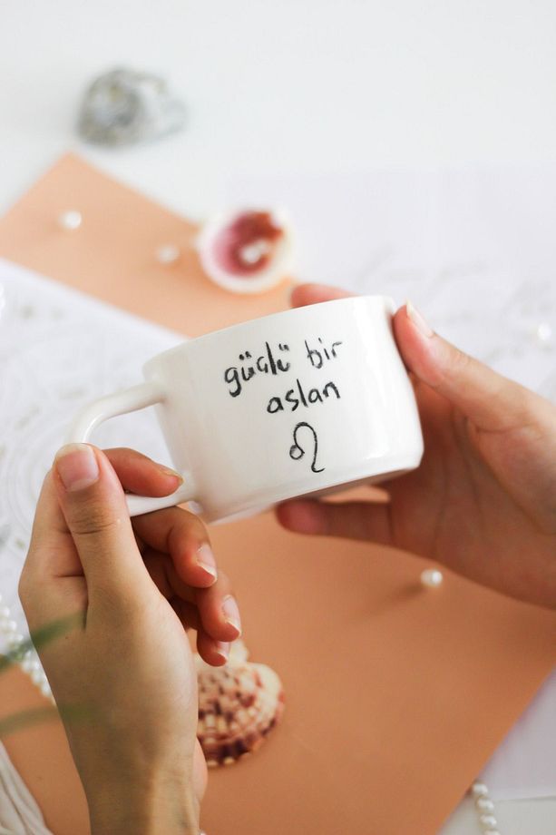 Aslan Burcu Temalı El Yapımı Seramik Kahve Kupası,fincanı Tek Kişilik - 1