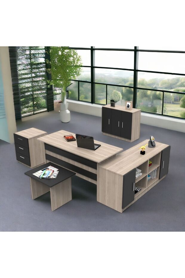 Diego Abcef Ofis Büro 5'li Masa Takımı Meşe-siyah - 1