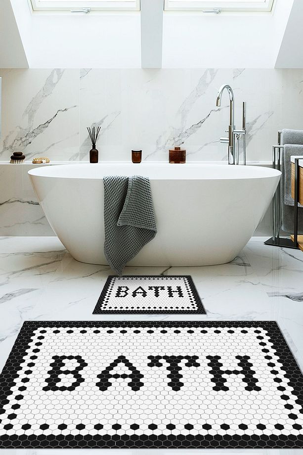 Petek Desenli Dijital Baskı Dot Taban Banyo Halısı Paspası 2 Li Dbp-0002 - 2