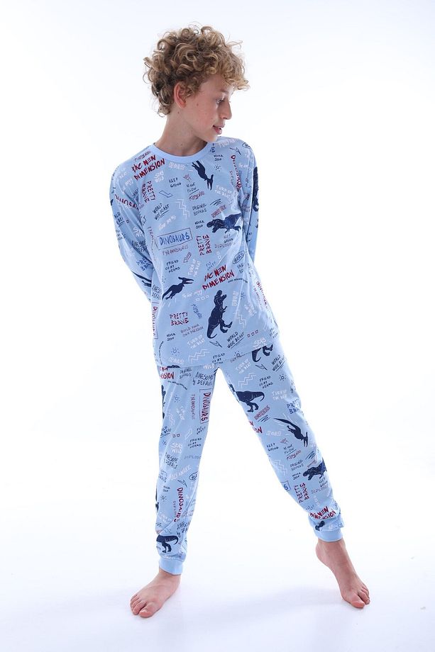 %100 Pamuk T-rex Dinozor Baskılı Uzun Kollu Erkek Çocuk Pijama Takımı (8,9,10,11,12,13 YAŞ) - 1