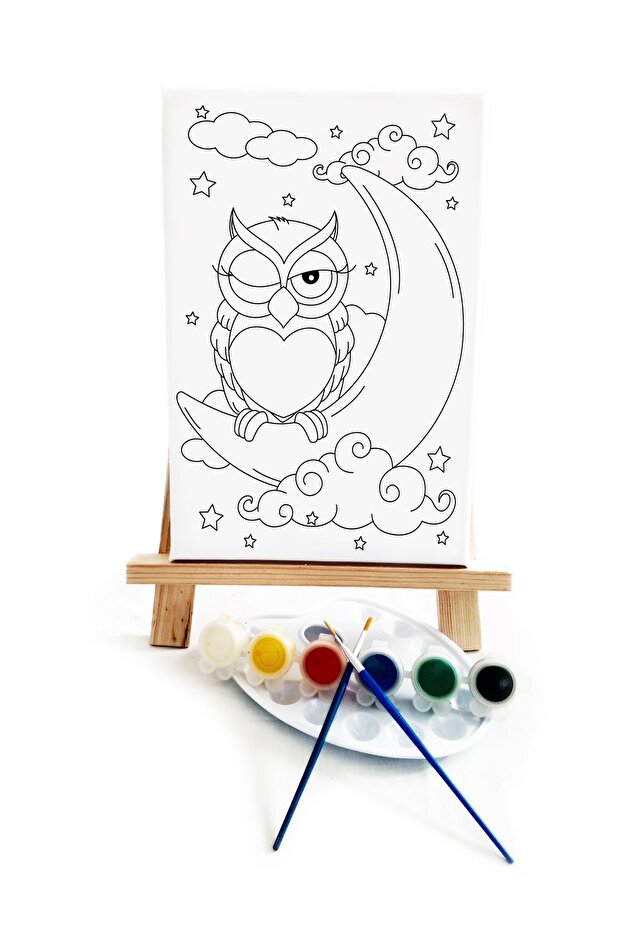 Owl Patterned Children's Painter Set - 20x30 cm, Canvas with Precription, 2 Brushes and Palettes, Paints and Easels Inclus
