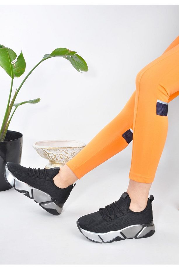 Siyah - Günlük Kadın Sneaker Bağcıklı Triko Esnek Hafif Ve Kalın Taban Yürüyüş Spor Ayakkabı - 5