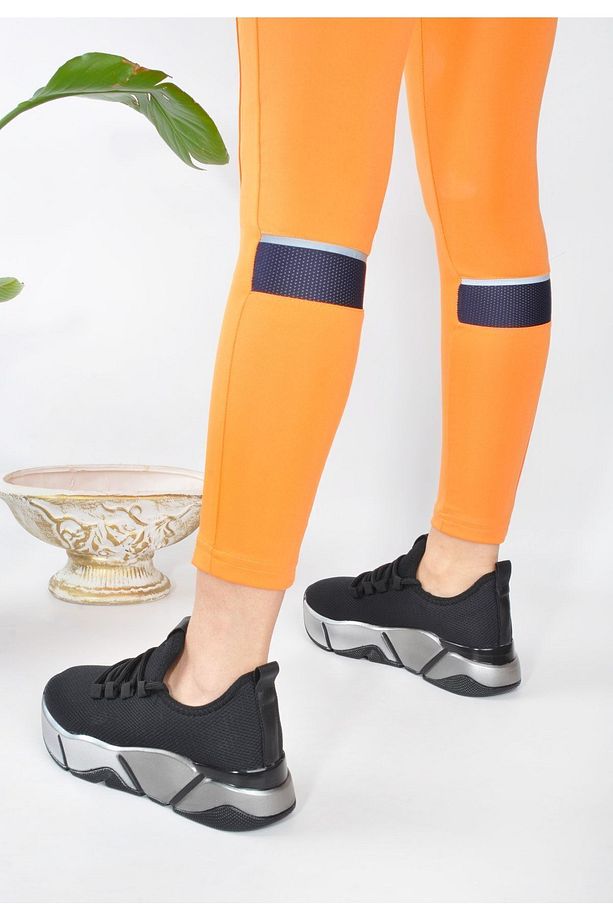 Siyah - Günlük Kadın Sneaker Bağcıklı Triko Esnek Hafif Ve Kalın Taban Yürüyüş Spor Ayakkabı - 3
