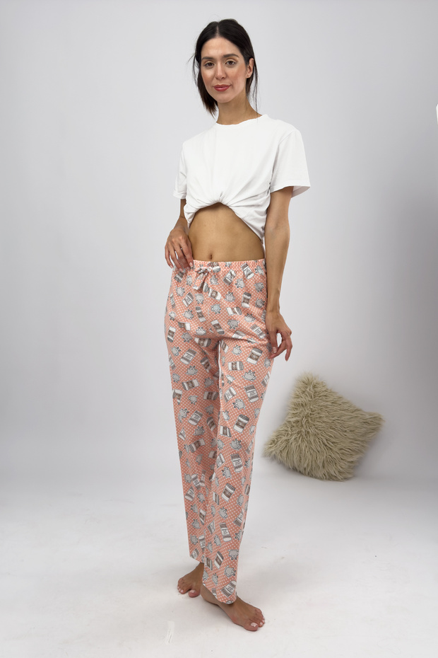 Women's Pajama Bottoms with Ribbon Salmon White Brown