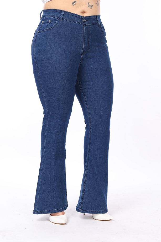 Mavi Yüksek Bel Esnek İspanyol Paça Denim Pantolon - 4