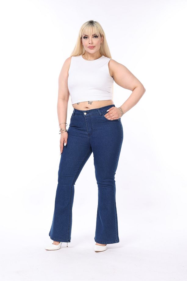 Mavi Yüksek Bel Esnek İspanyol Paça Denim Pantolon - 7