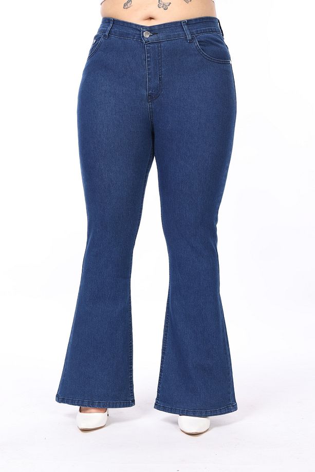 Mavi Yüksek Bel Esnek İspanyol Paça Denim Pantolon - 2