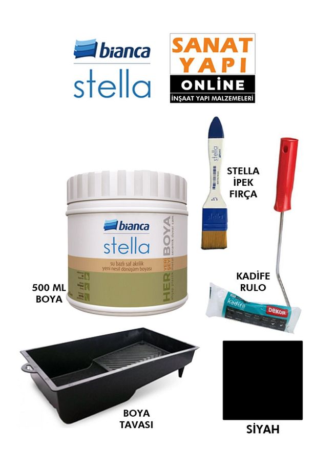 Stella Boya 4 Parçalı Set ( 500 Ml Boya - Boya Tavası- Stella İpek Fırça - Kadife Rulo ) - 1