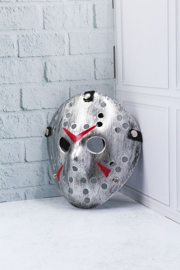 Halloween Jason Mask, Silver with Red Details