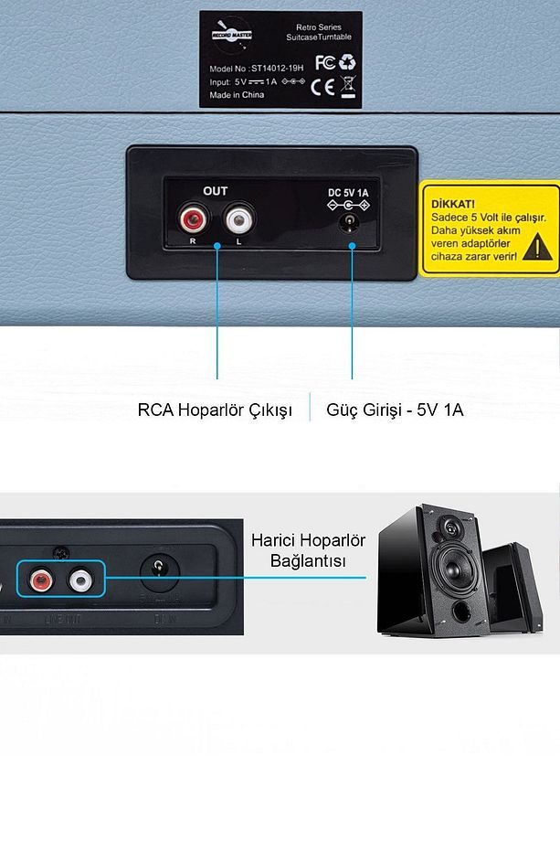 St14012 Retro Pikap Plak Çalar- Pudra Mavi - Bluetooth Ve Şarjlı - 3 Devir - Universal Iğneli - 6