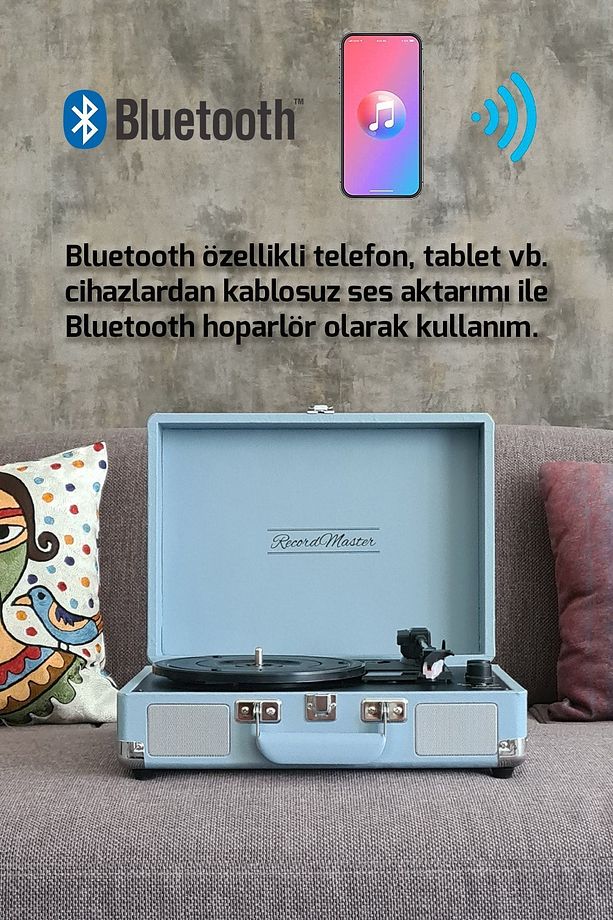 St14012 Retro Pikap Plak Çalar- Pudra Mavi - Bluetooth Ve Şarjlı - 3 Devir - Universal Iğneli - 2