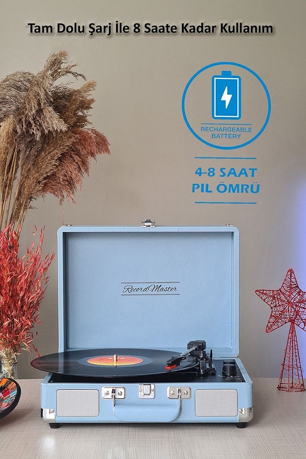 St14012 Retro Pikap Plak Çalar- Pudra Mavi - Bluetooth Ve Şarjlı - 3 Devir - Universal Iğneli - 4