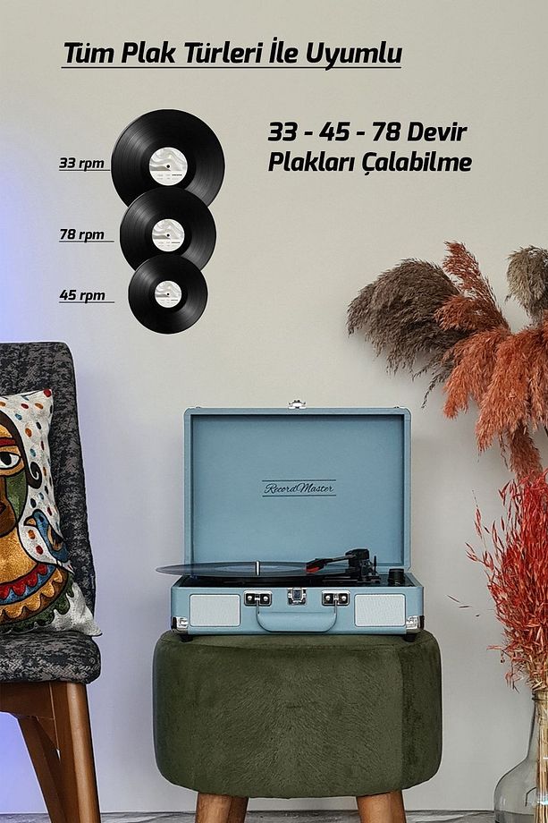 St14012 Retro Pikap Plak Çalar- Pudra Mavi - Bluetooth Ve Şarjlı - 3 Devir - Universal Iğneli - 3
