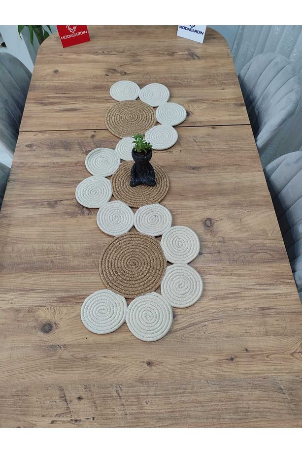 Jüt, Hasır, Dekoratif Masa Örtüsü,Papatya Model Runner 40X110 CM, Sehpa Örtüsü, Bohem Tarzı - 3