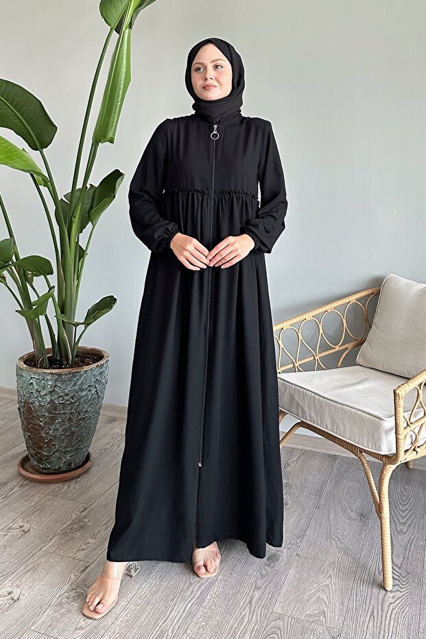 Back Tassel Detail Ruched Black Abaya