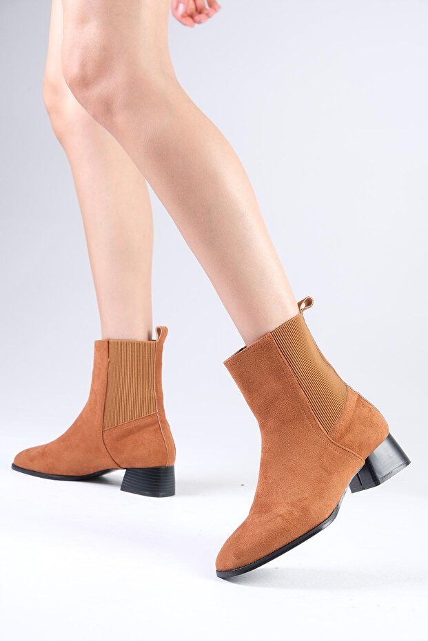Shania Tan Color Thin Fur Lined Elastic Blunt Toe Women's Heeled Boots