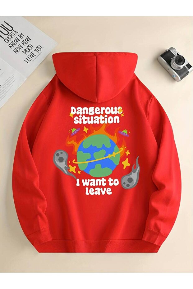 Unisex Dangerous Situation Printed Oversized Winter 3 Thread 100% Cotton K Hooded Sweatshirt Hoodie
