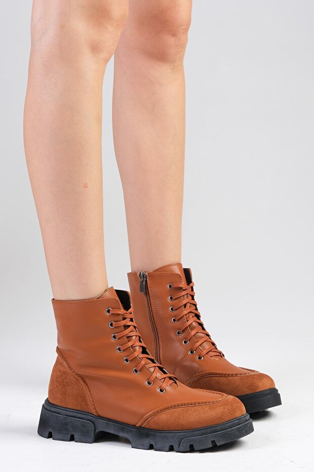 Samantha Tan Color Lace-Up and Zippered Thick-Soled Women's Boots