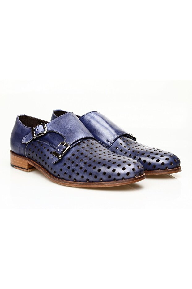 Navy Blue Color Genuine Leather Men's Shoes