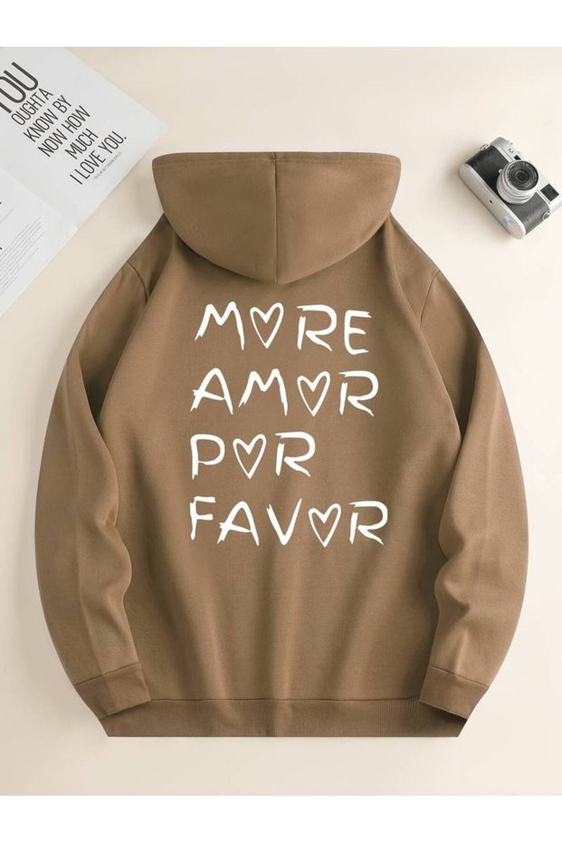 Unisex More Amor Por Favor Printed Oversized Winter 3-Thread 100% Cotton Hooded Sweatshirt Hoodie