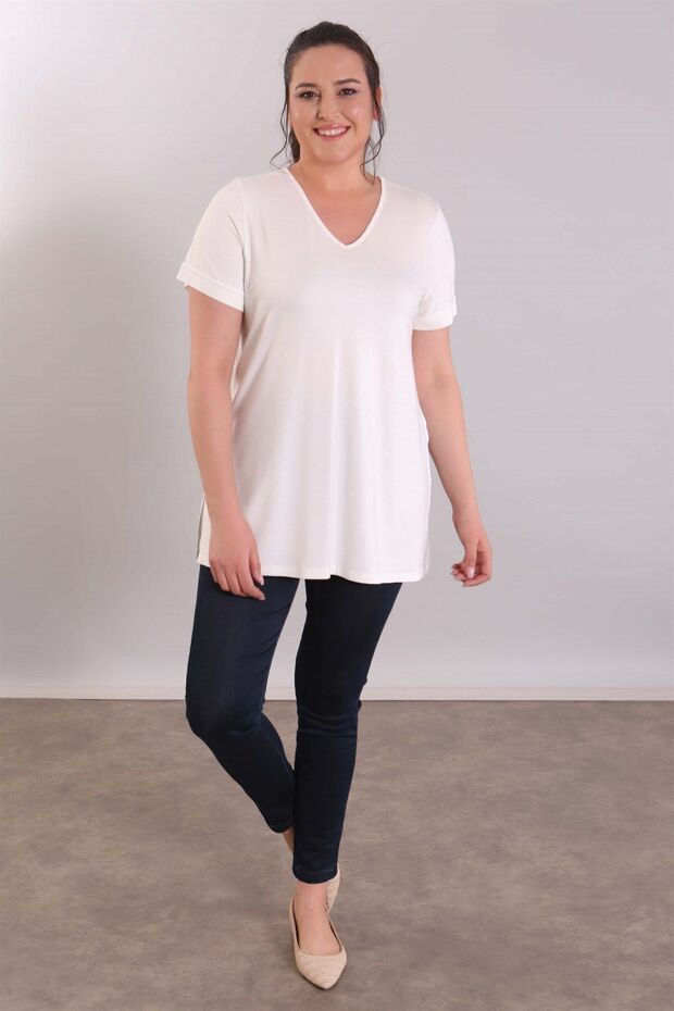 Trend42plus Büyük Beden Ekru V Yakalı Basic Bluz - 7