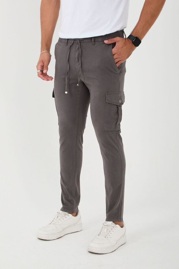 Men's Elastic Waist Cargo Pocket Dark Gray Trousers