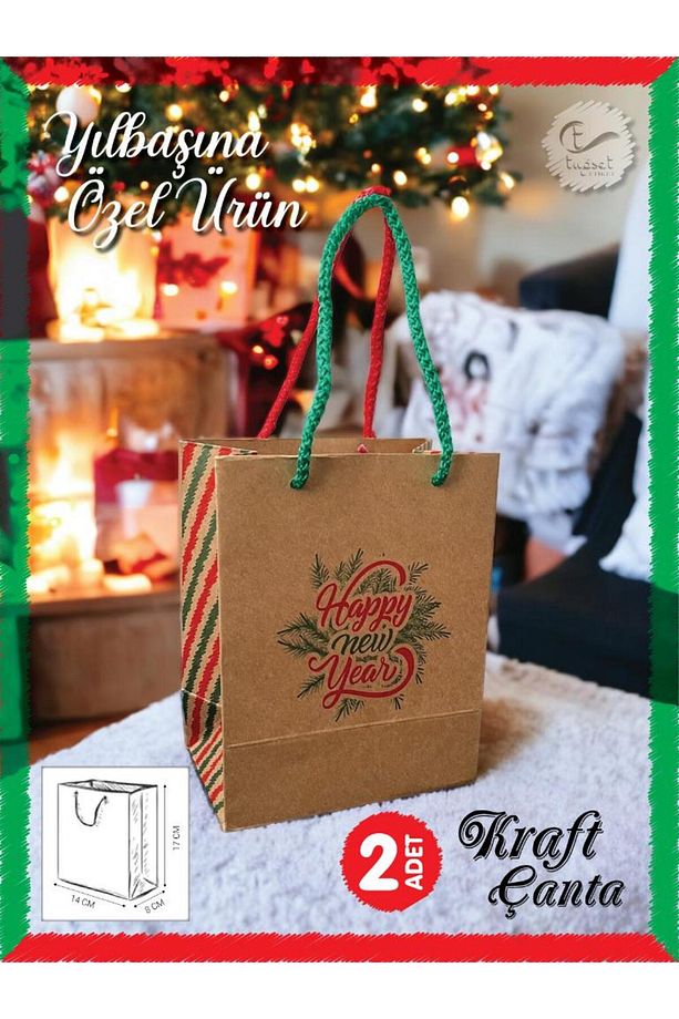 Kraft Karton Çanta Yılbaşı Desenli Hediye Paketi Çanta Poşet 2'li 14*17*8cm Happy New Year Baskılı- - 1