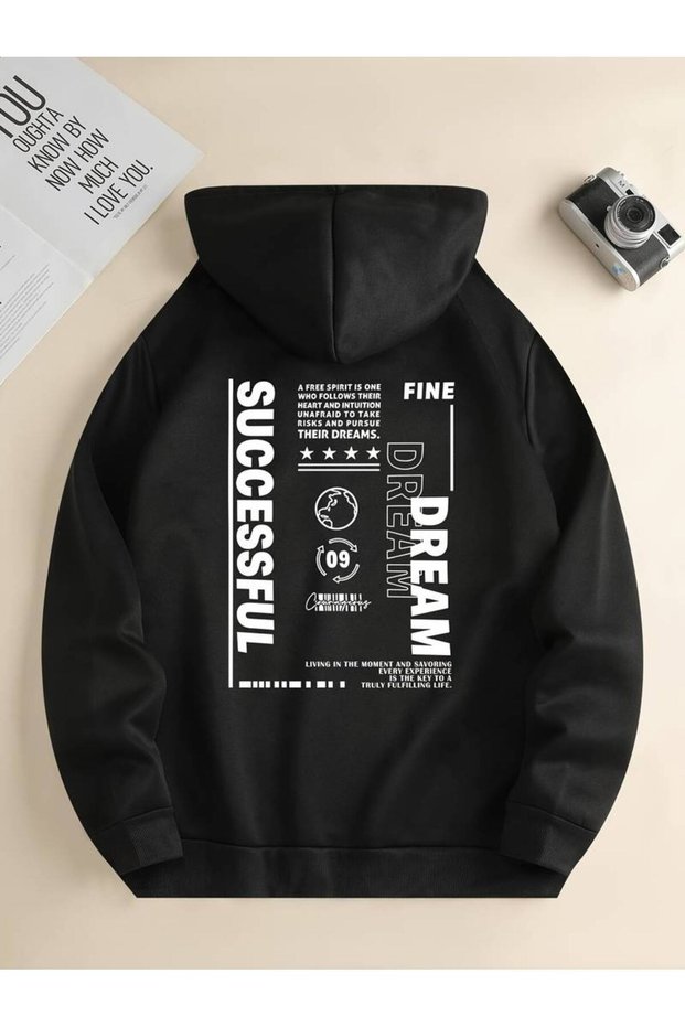 Unisex Dream Successful Printed Oversized Winter 3-Thread 100% Cotton Hooded Sweatshirt Hoodie