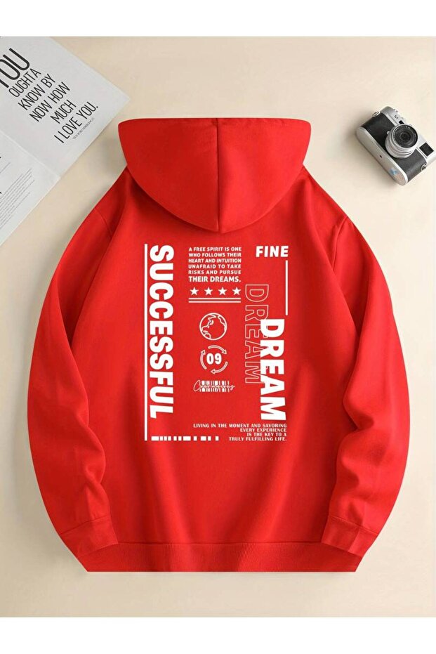 Unisex Dream Successful Printed Oversized Winter 3-Thread 100% Cotton Hooded Sweatshirt Hoodie