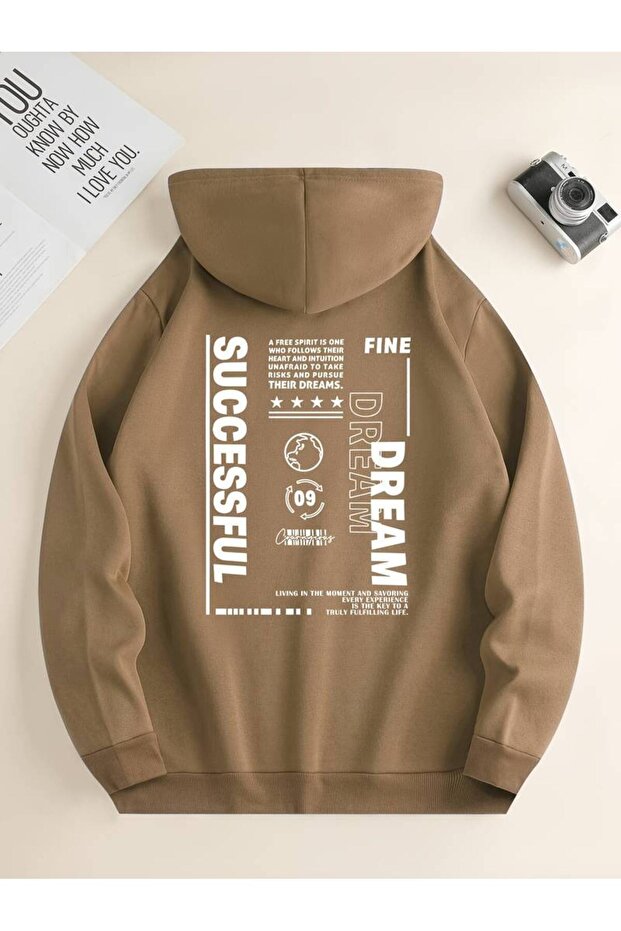 Unisex Dream Successful Printed Oversized Winter 3-Thread 100% Cotton Hooded Sweatshirt Hoodie