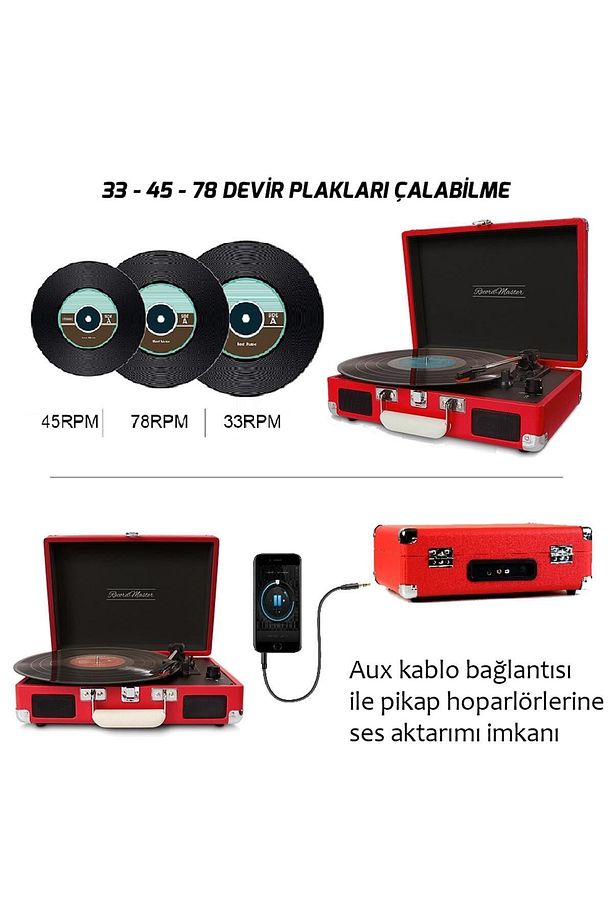 T310ch Pikap Plak Çalar- Kırmızı - Şarj Edilebilir - 33, 45, 78 Devir - Universal Iğneli - 3